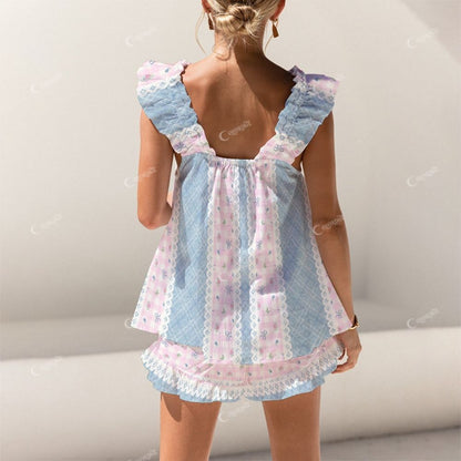 Colordate Patchwork Pattern Print Short Tank Top Shorts Pajama Set