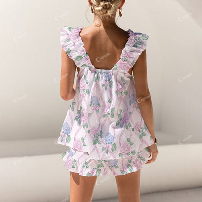 Colordate Blossom Hush Flower Print Short Tank Top Shorts Pajama Set