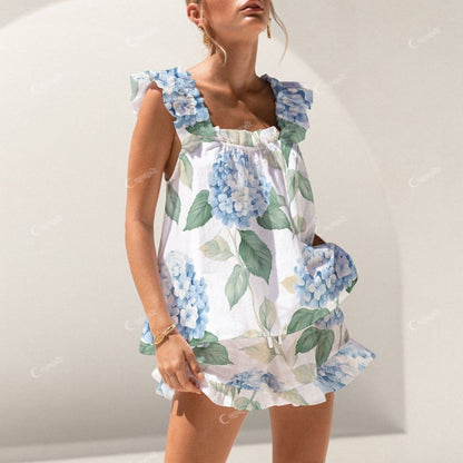 Short Tank Blue Hydrangeas Top Shorts Pajama Set