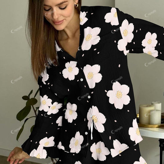 Floral Fantasia Women's Black And White Flowers Vintage Printed Linen Cotton Suit
