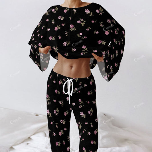 Women's Long French Elegant Floral Black Sleeve Cotton Homewear Set