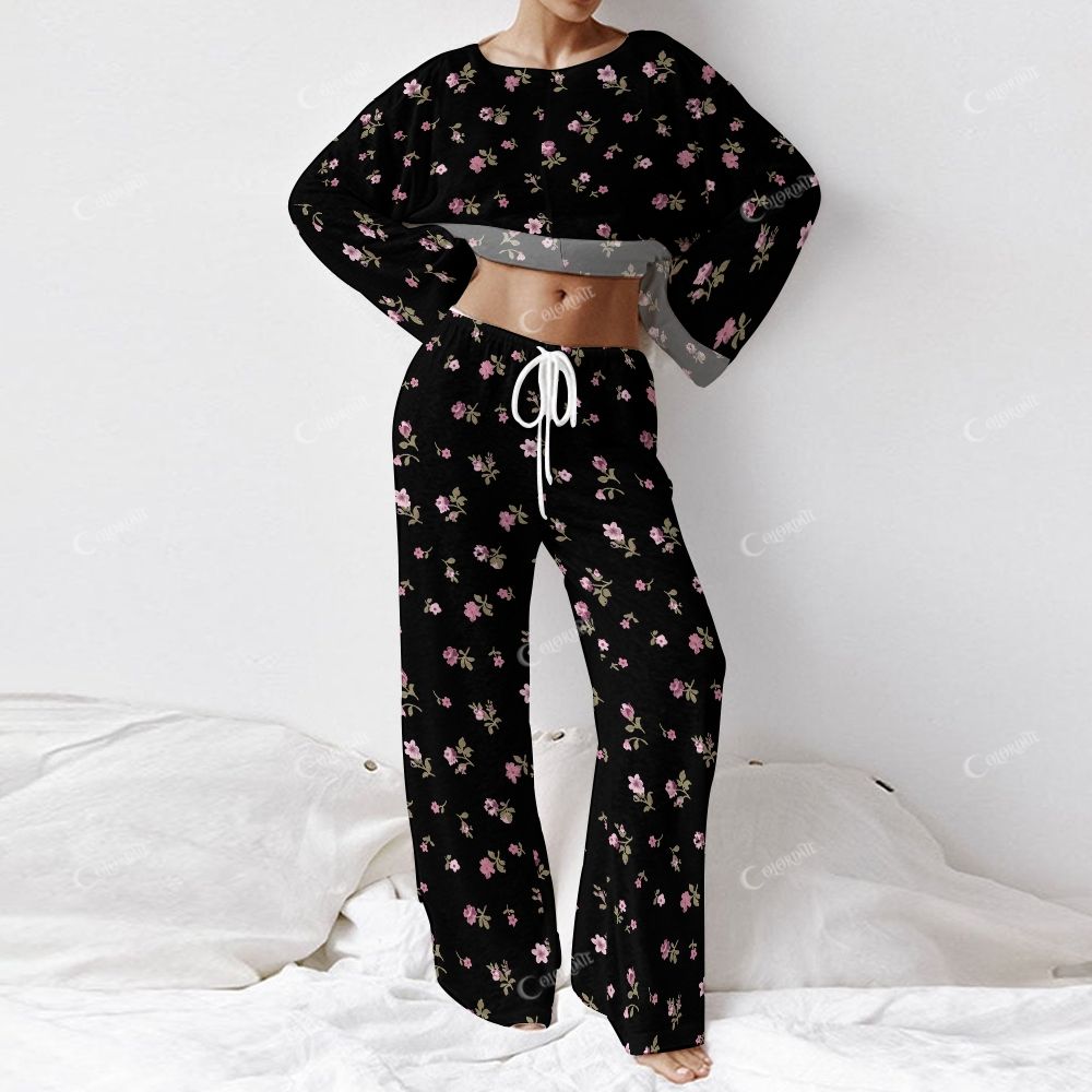 Women's Long French Elegant Floral Black Sleeve Cotton Homewear Set