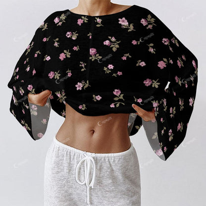 Women's Long French Elegant Floral Black Sleeve Cotton Homewear Set