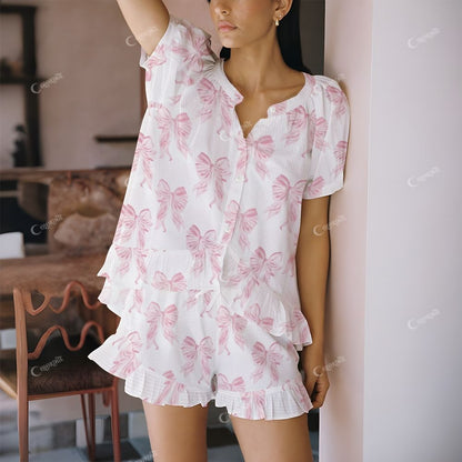 Colordate Ribbon Dreams Pink Bow Print Short Pajama Set