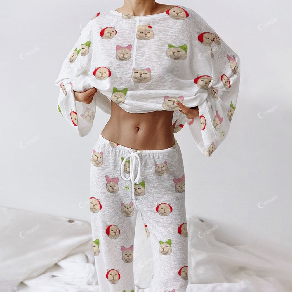 Women's Long Cat Print Sleeve Cotton Homewear Set