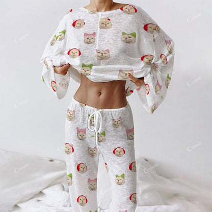 Women's Long Cat Print Sleeve Cotton Homewear Set