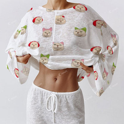 Women's Long Cat Print Sleeve Cotton Homewear Set