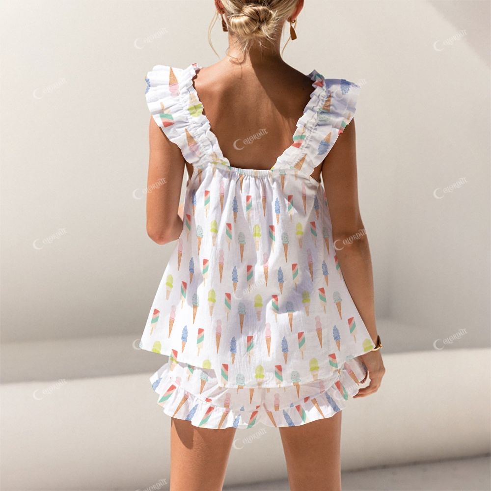 Colordate Ice Cream Print Short Tank Top Shorts Pajama Set