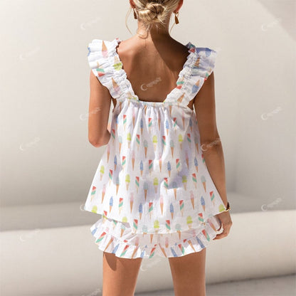 Colordate Ice Cream Print Short Tank Top Shorts Pajama Set