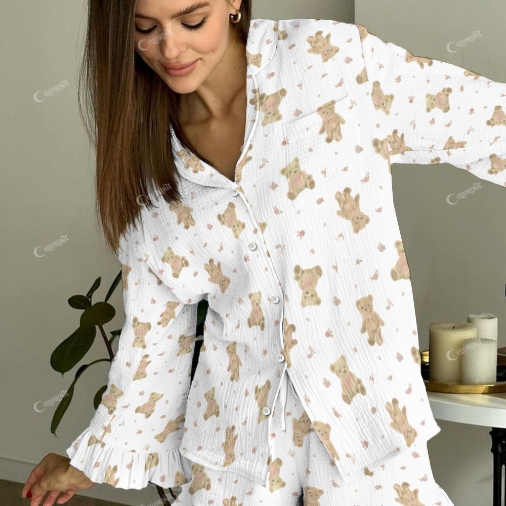 Moonbear Women's Vintage Fashion Bear Printed Linen Cotton Suit