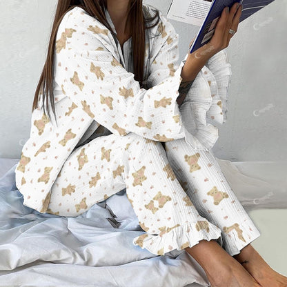 Moonbear Women's Vintage Fashion Bear Printed Linen Cotton Suit