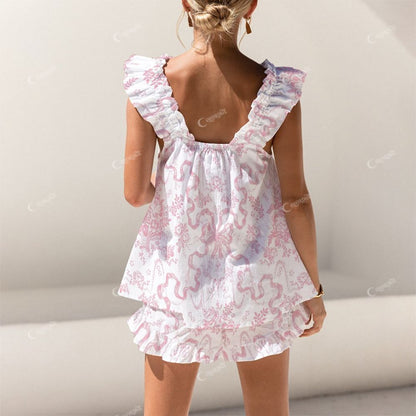 Colordate Bow And Flower Print Short Tank Top Shorts Pajama Set