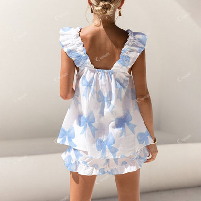 Short Tank Blue Watercolor Bow Top Shorts Pajama Set