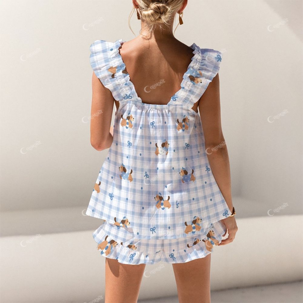Colordate Dog And Checkered Print Short Tank Top Shorts Pajama Set