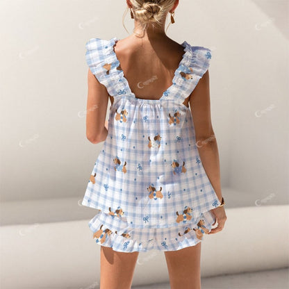Colordate Dog And Checkered Print Short Tank Top Shorts Pajama Set