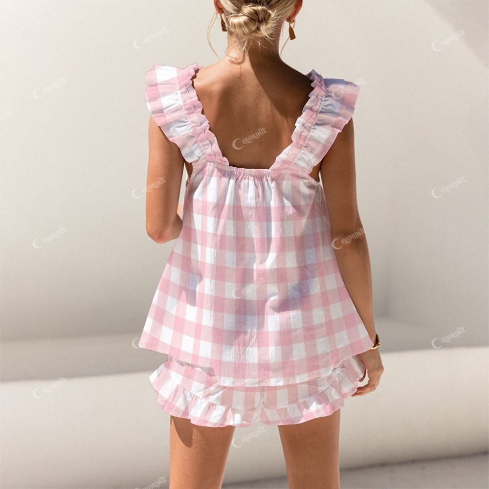 Short Lazy Pink Plaid Tank Top Shorts Pajama Set