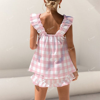 Short Lazy Pink Plaid Tank Top Shorts Pajama Set