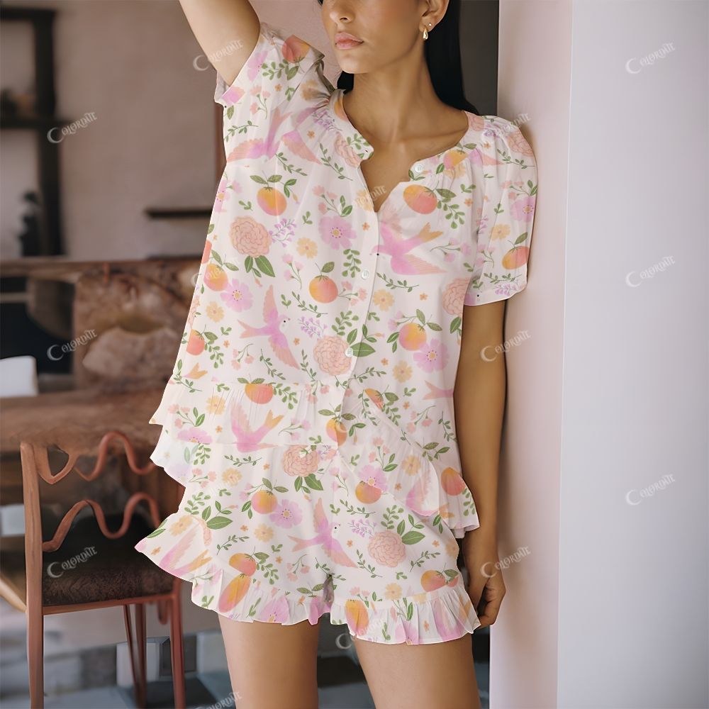 Colordate Pink Birds And Floral Prints Short Pajama Set