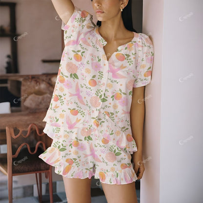Colordate Pink Birds And Floral Prints Short Pajama Set