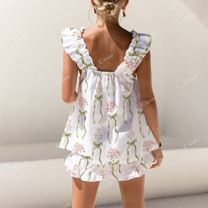 Colordate Green Bow And Floral Print Short Tank Top Shorts Pajama Set