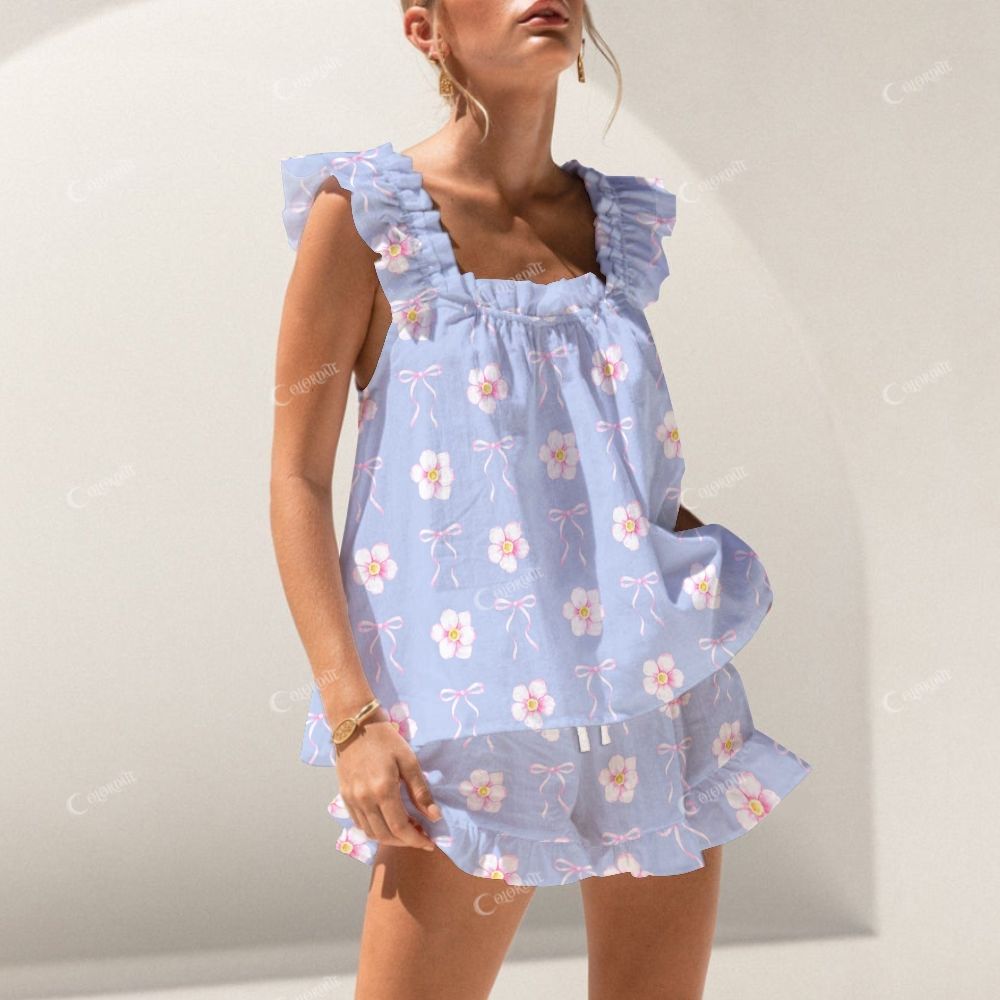Colordate Floral And Bow Print Short Tank Top Shorts Pajama Set