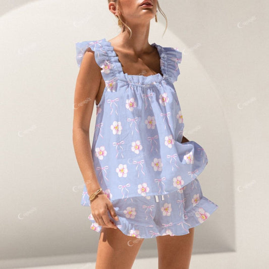 Colordate Floral And Bow Print Short Tank Top Shorts Pajama Set