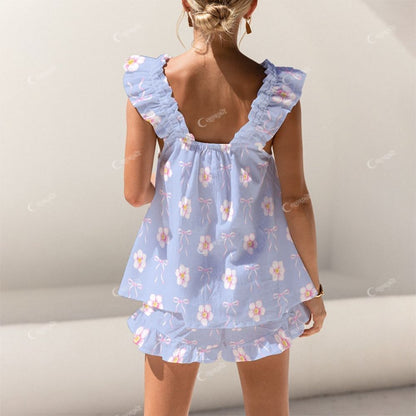 Colordate Floral And Bow Print Short Tank Top Shorts Pajama Set