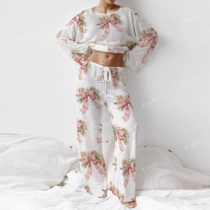 Colordate Women's Bow And Flower Print Long Sleeve Cotton Homewear Set