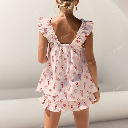 Colordate Wine Glasses And Cake Prints Short Tank Top Shorts Pajama Set