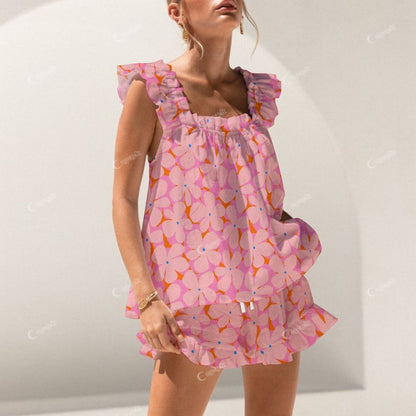 Colordate Pink Floral Print Short Tank Top Shorts Pajama Set