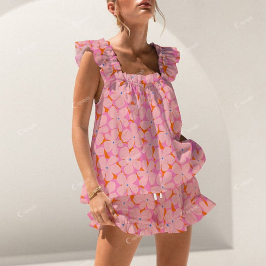 Colordate Pink Floral Print Short Tank Top Shorts Pajama Set