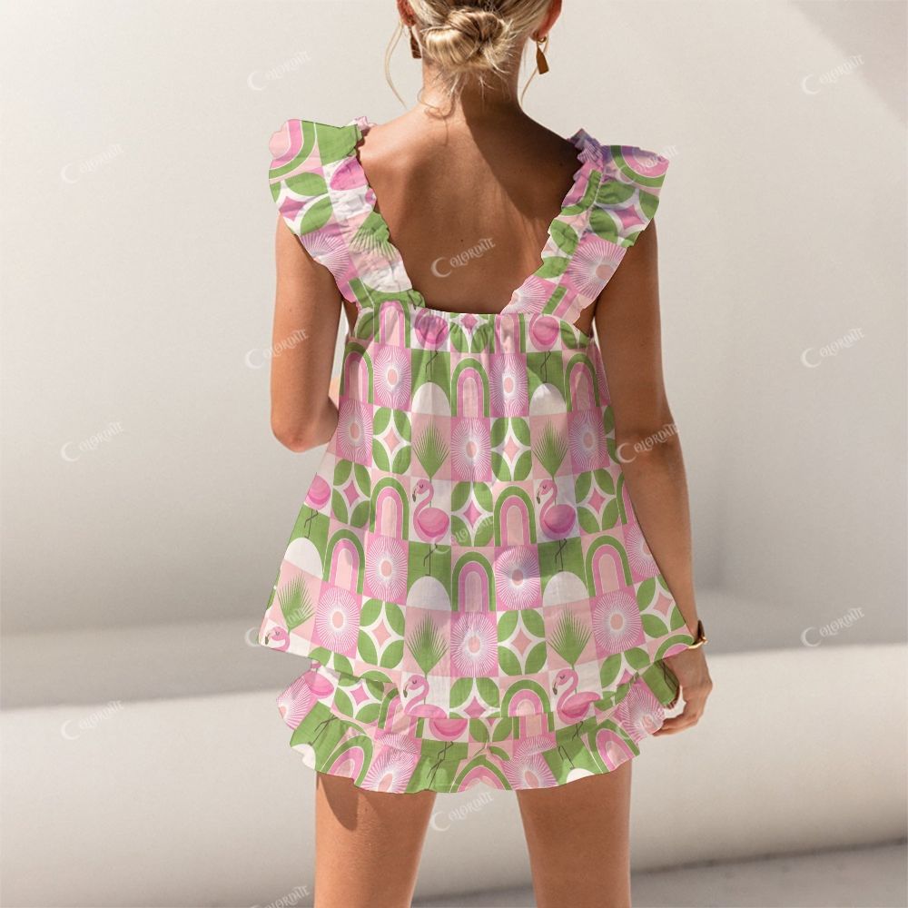 Colordate Flamingo Print Short Tank Top Shorts Pajama Set