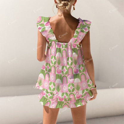 Colordate Flamingo Print Short Tank Top Shorts Pajama Set