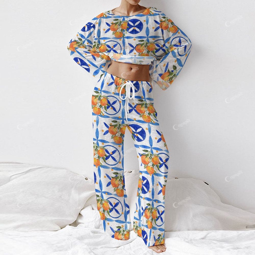 Colordate Women's Fruits And Geometric Prints Long Sleeve Cotton Homewear Set