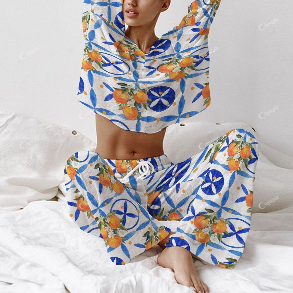 Colordate Women's Fruits And Geometric Prints Long Sleeve Cotton Homewear Set