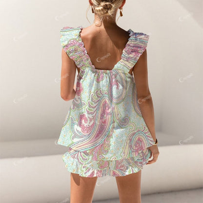Colordate Paisley Print In Pink And Green Short Tank Top Shorts Pajama Set