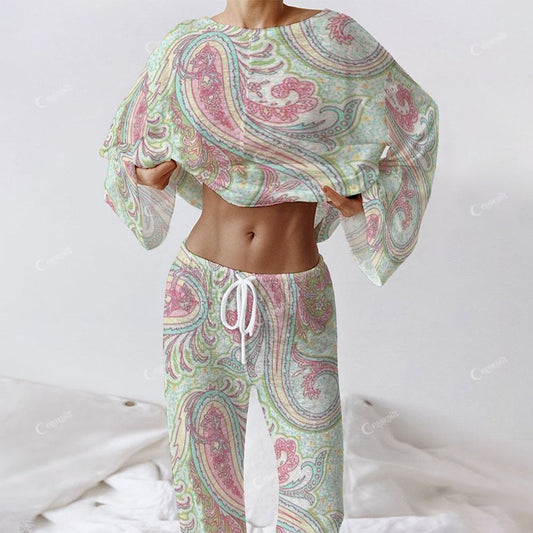Colordate Women's Colorful Paisley Pattern Print Long Sleeve Cotton Homewear Set