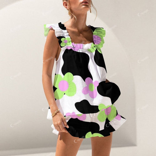 Colordate Green And Pink Floral Prints Short Tank Top Shorts Pajama Set