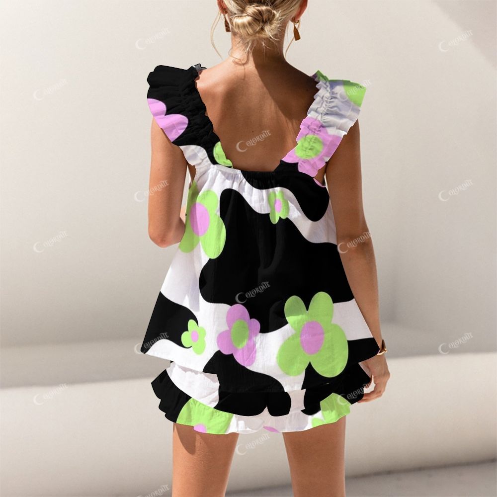 Colordate Green And Pink Floral Prints Short Tank Top Shorts Pajama Set