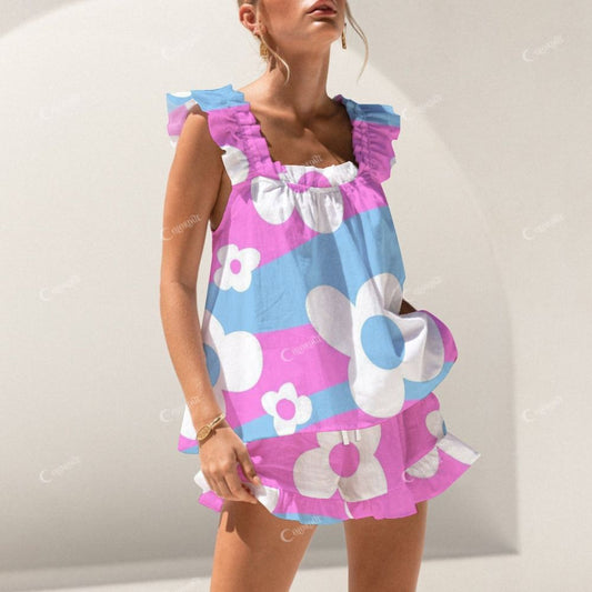 Colordate Pink And Blue Patchwork And Floral Prints Short Tank Top Shorts Pajama Set