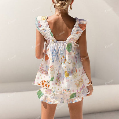 Colordate Cat Print Short Tank Top Shorts Pajama Set