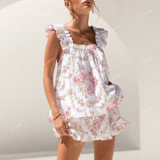 Colordate Pink Rose Print Short Tank Top Shorts Pajama Set