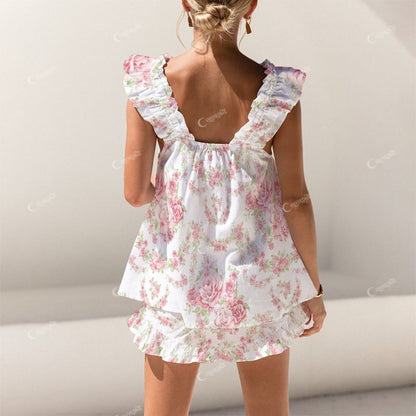 Colordate Pink Rose Print Short Tank Top Shorts Pajama Set