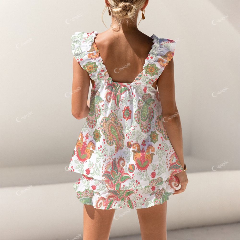 Colordate Colorful Paisley Pattern Print Short Tank Top Shorts Pajama Set