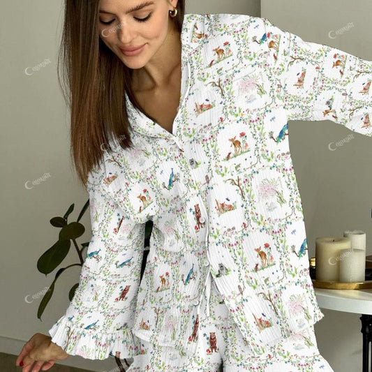 Colordate Women's Animals And Plants Vintage Printed Linen Cotton Suit