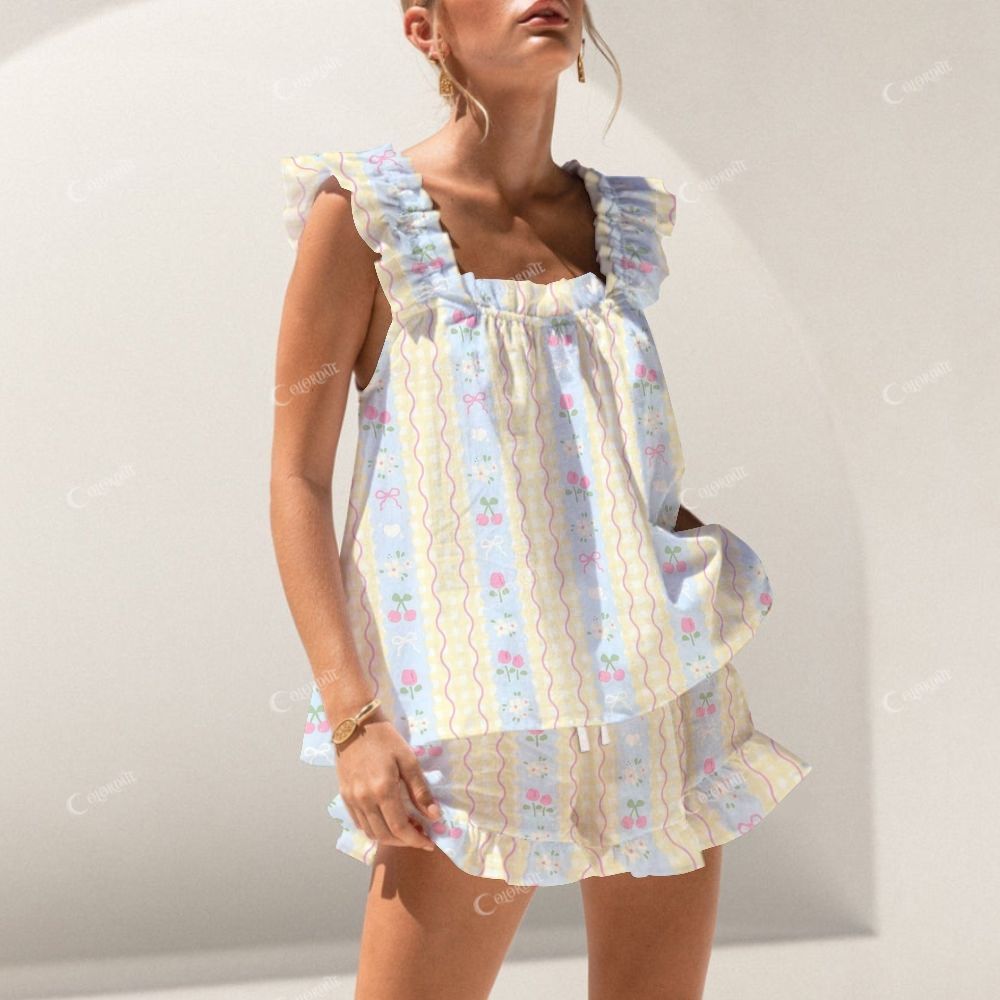 Colordate Blue And Pink Striped Print Short Tank Top Shorts Pajama Set