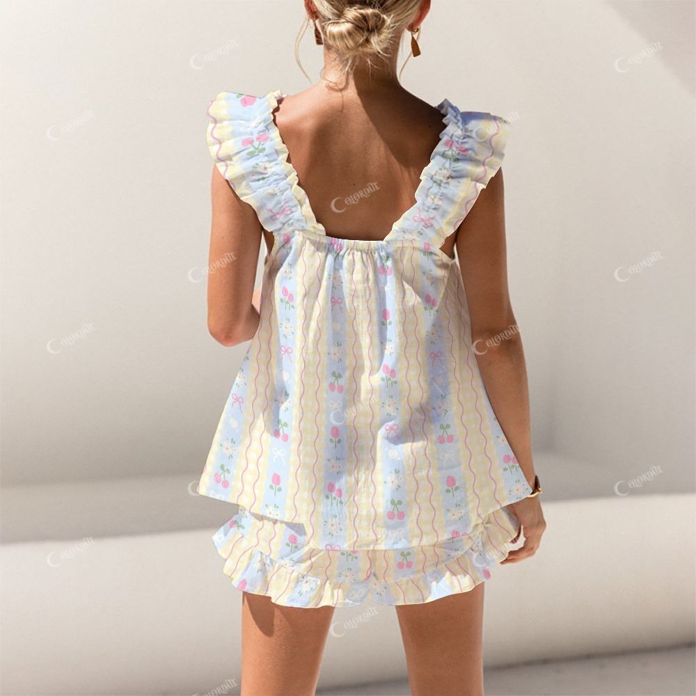 Colordate Blue And Pink Striped Print Short Tank Top Shorts Pajama Set