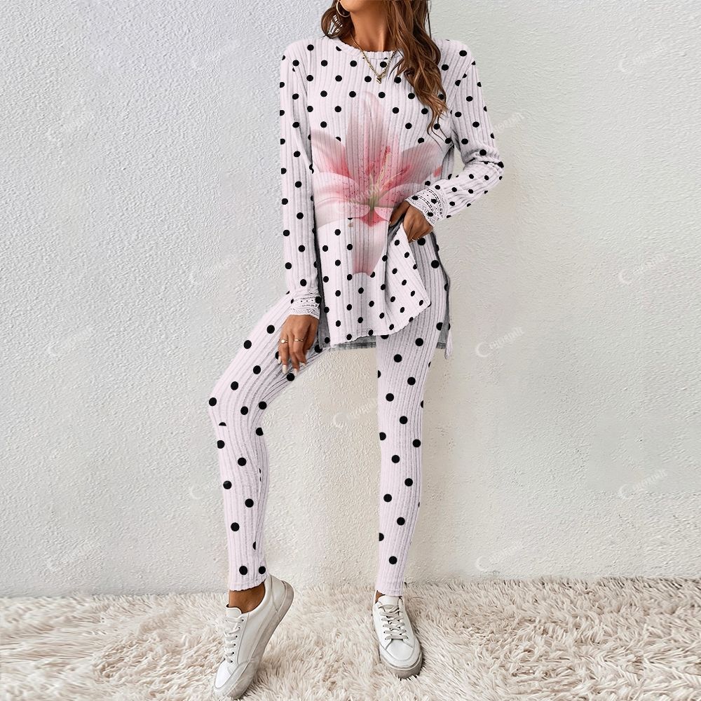 Colordate Women's Lily And Polka Dot Prints Long Sleeve Suit