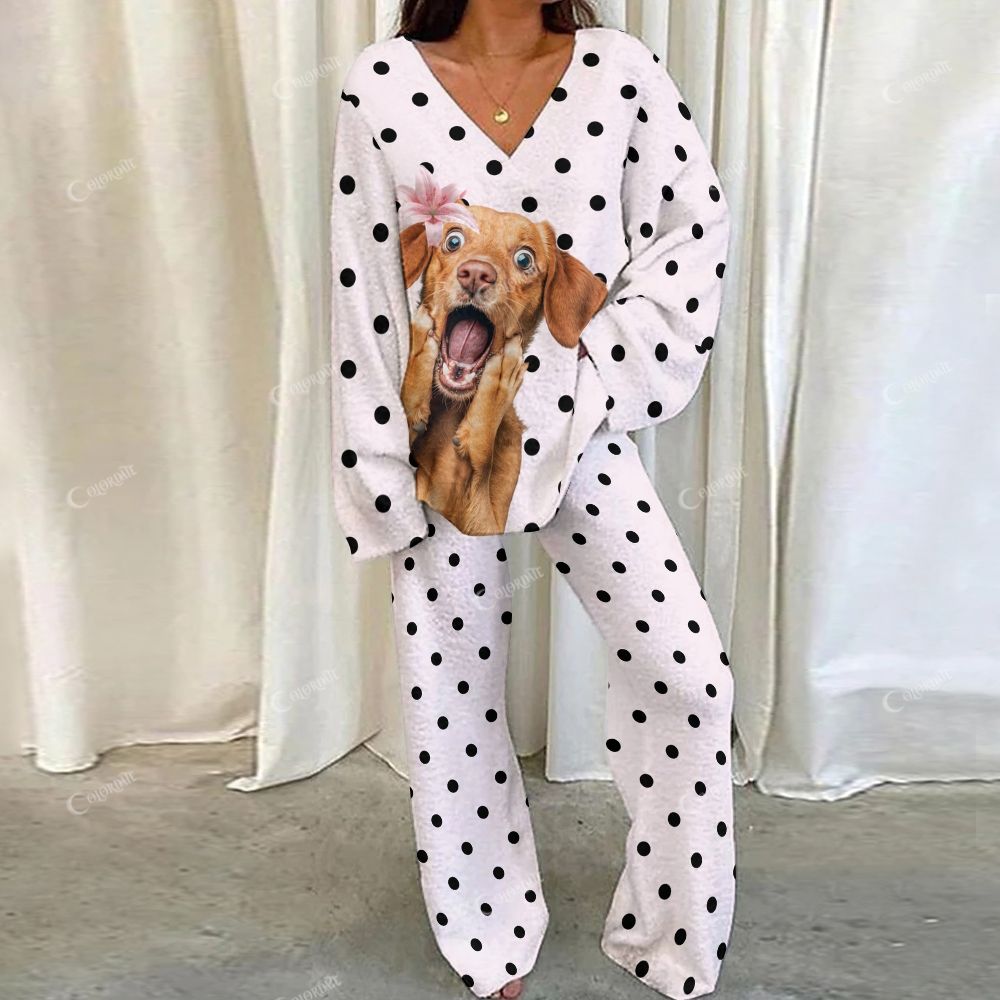 Colordate Polka Paws Funny Puppy Print Loungewear Set For Women