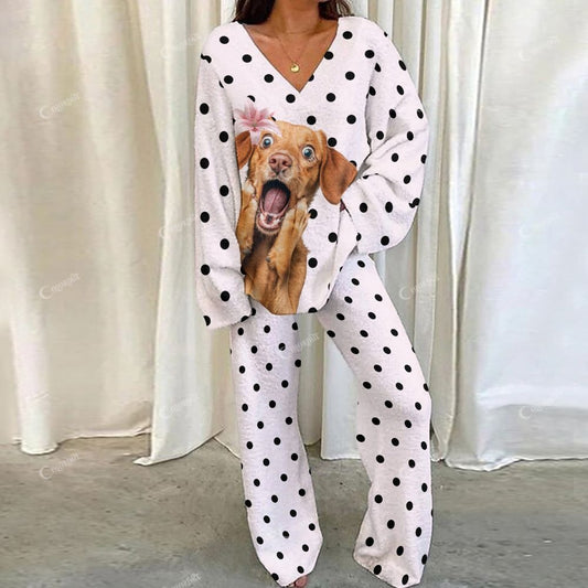 Colordate Polka Paws Funny Puppy Print Loungewear Set For Women